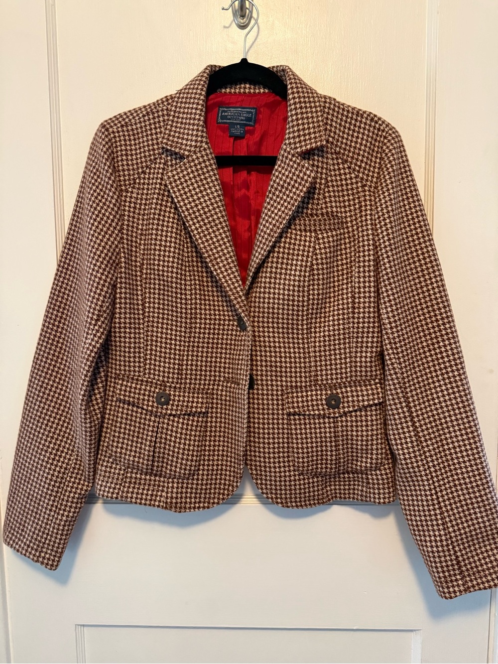 American Eagle Outfitters Brown Houndstooth Blazer with Red Lining